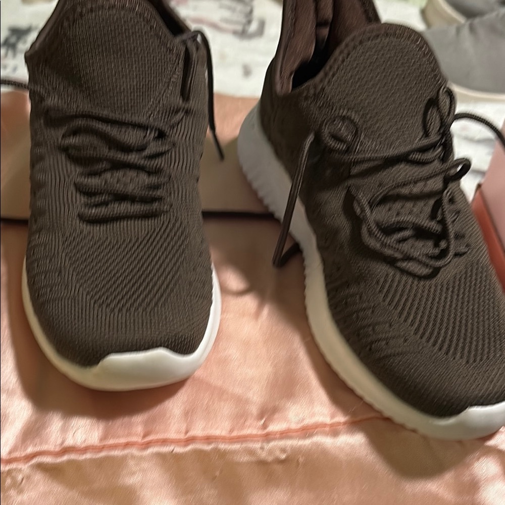 Brown Knit Sneakers with White Soles